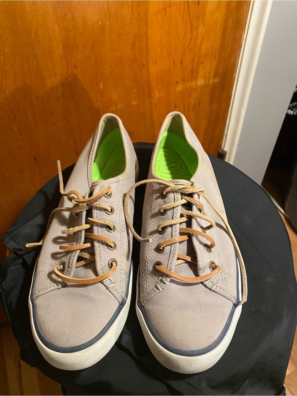 Sperry Light Gray Canvas Sneakers with Lime Green Insole